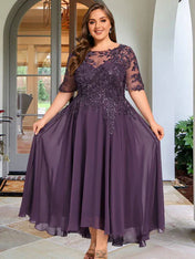 A-line Scoop Illusion Asymmetrical Chiffon Lace Mother of the Bride Dress With Sequins