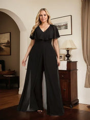Jumpsuit/Pantsuit V-Neck Floor-Length Chiffon Evening Dress