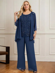 Separates Jumpsuit/Pantsuit Scoop Floor-Length Lace Chiffon Mother of the Bride Dress With Sequins
