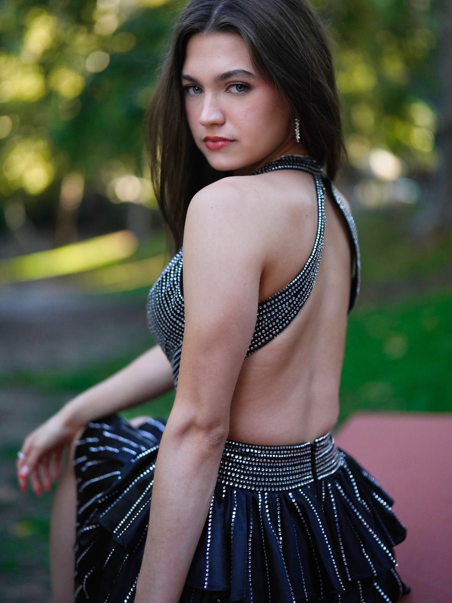 Black Halter Deep V-Neck Rhinestone Striped Tiered Ruffle Short Homecoming Dress