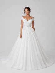 Elegant Cap Sleeve Lace Applique Tulle A-Line Wedding Dress with Chapel Train