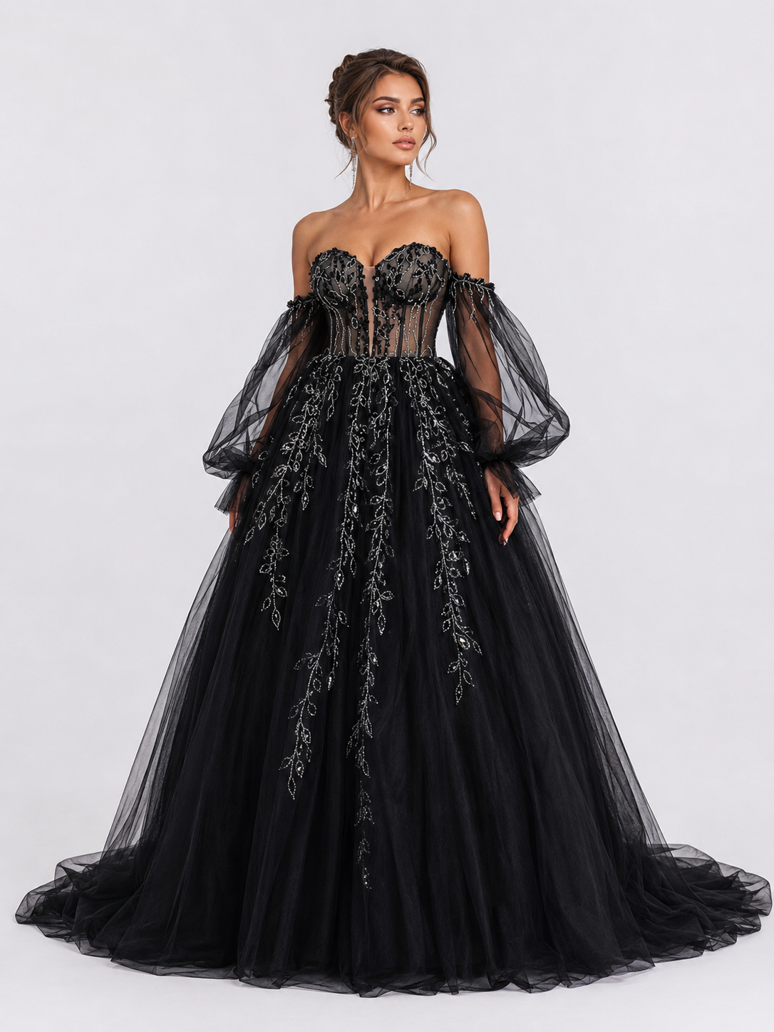 Elegant Off-the-Shoulder Beaded Lace Applique A-Line Wedding Dress with Chapel Train