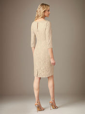 Champagne Sheath/Column Lace Boat Neck 3/4 Sleeves Knee Length Dress With Slit