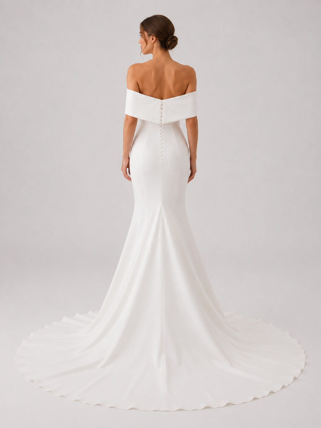 Elegant Off-the-Shoulder Folded Collar Satin Mermaid Wedding Dress with Chapel Train