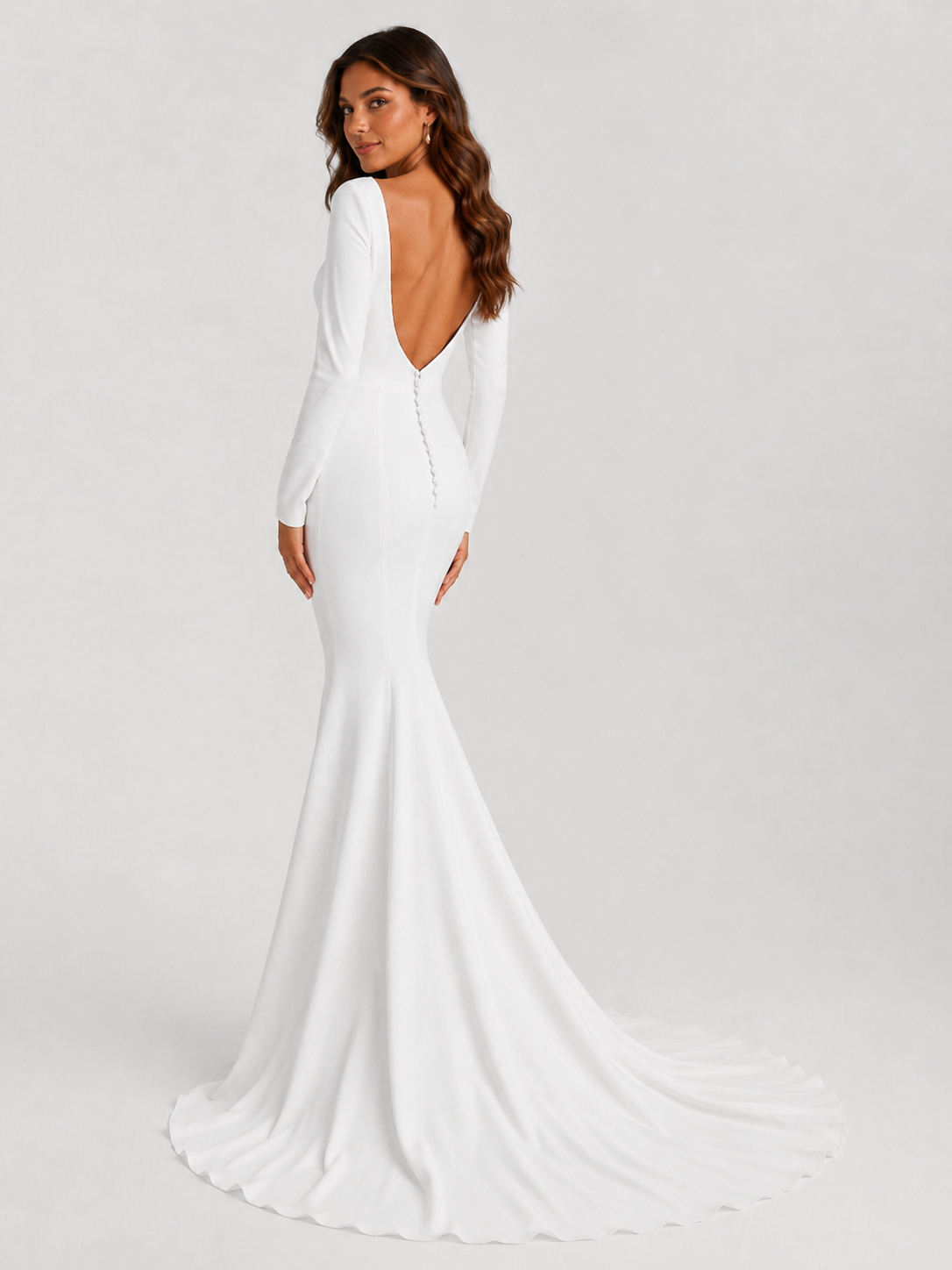Elegant Long-Sleeve Square-Neck Open-Back Satin Mermaid Wedding Dress with Chapel Train