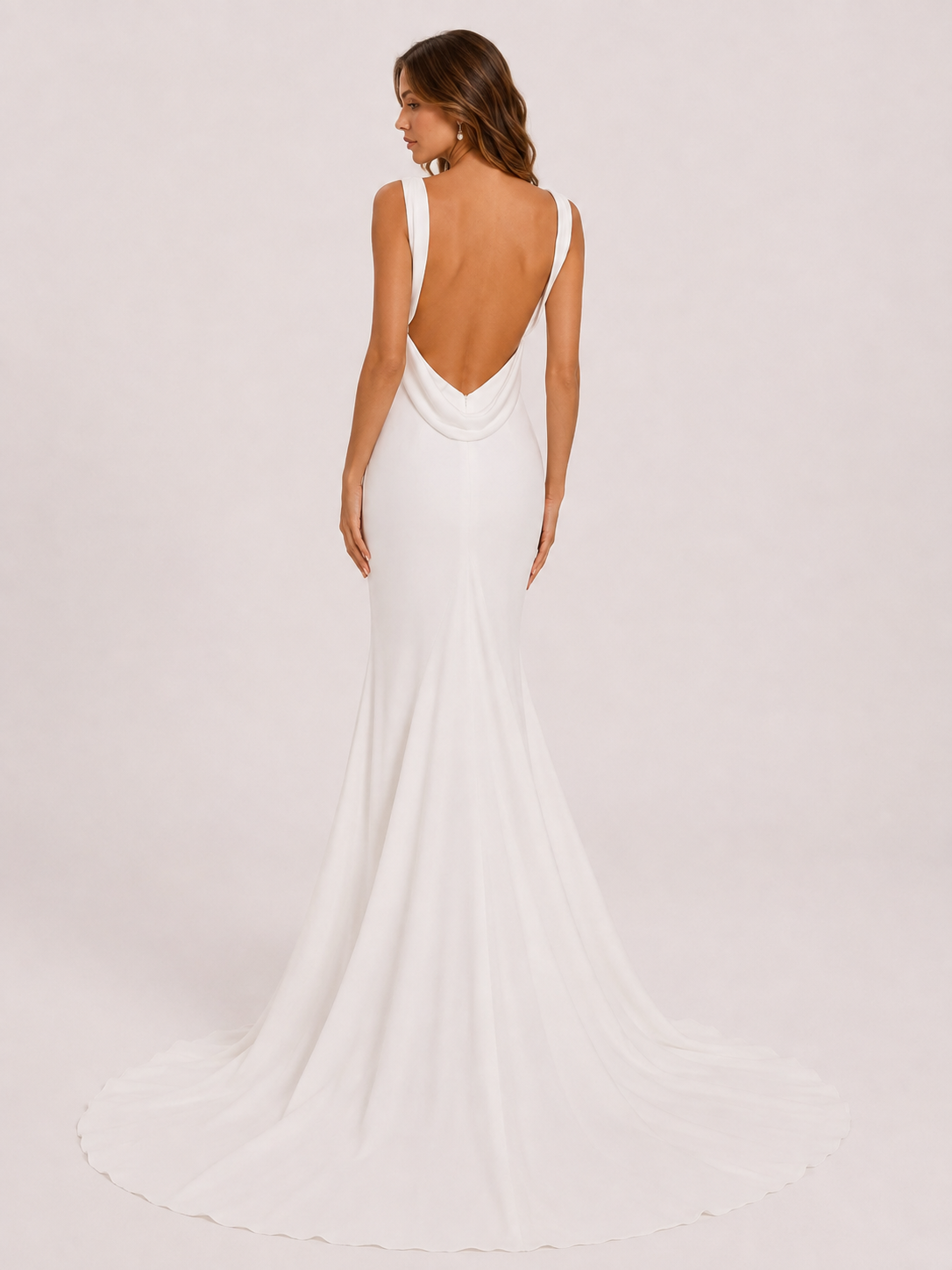 Elegant Square Neck Cowl Back Satin Mermaid Wedding Dress with Chapel Train