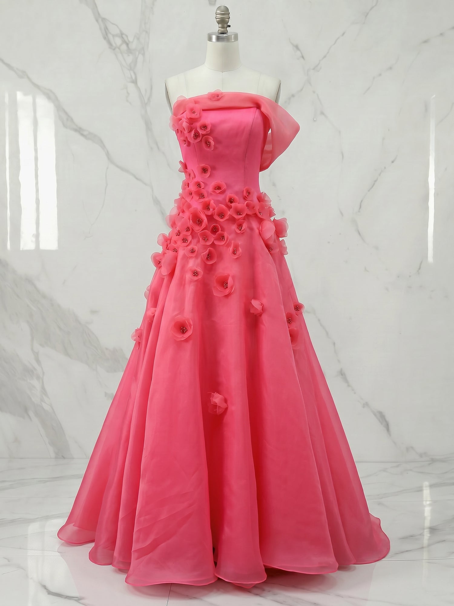 Coral Pink Off-The-Shoulder 3D Floral A-Line Evening Formal Gown
