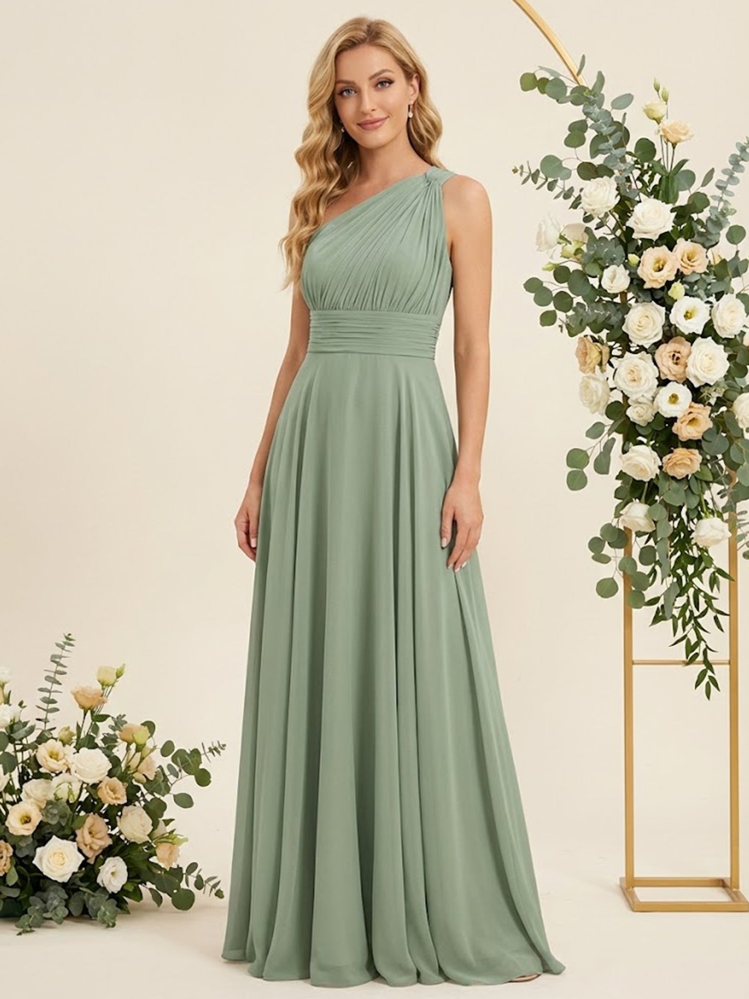 One Shoulder Pleat A Line Chiffon Long Bridesmaid Dresses for Women