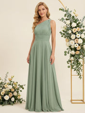 One Shoulder Pleat A Line Chiffon Long Bridesmaid Dresses for Women