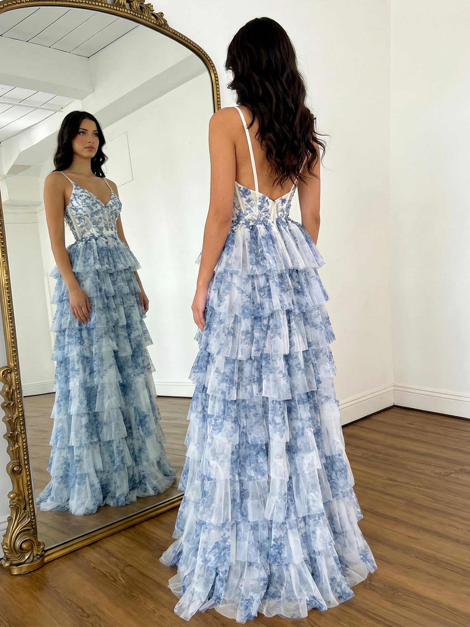 Romantic Blue and White Floral Tiered Corset Prom Dress with Slit
