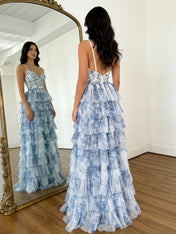 Romantic Blue and White Floral Tiered Corset Prom Dress with Slit