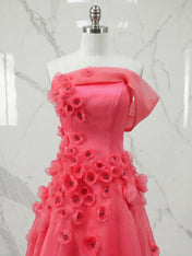Coral Pink Off-The-Shoulder 3D Floral A-Line Evening Formal Gown