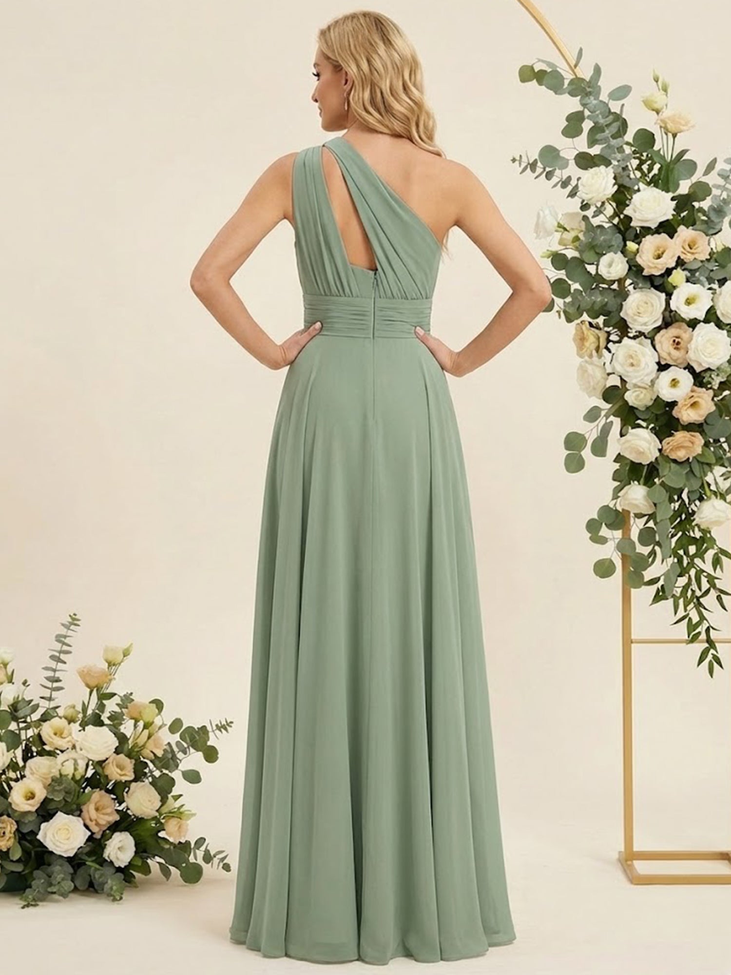 One Shoulder Pleat A Line Chiffon Long Bridesmaid Dresses for Women