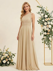 One Shoulder Pleat A Line Chiffon Long Bridesmaid Dresses for Women