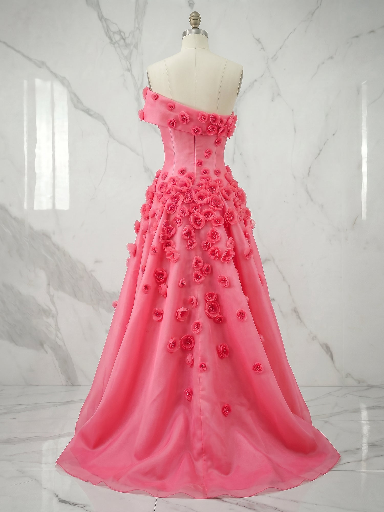 Coral Pink Off-The-Shoulder 3D Floral A-Line Evening Formal Gown