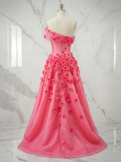 Coral Pink Off-The-Shoulder 3D Floral A-Line Evening Formal Gown