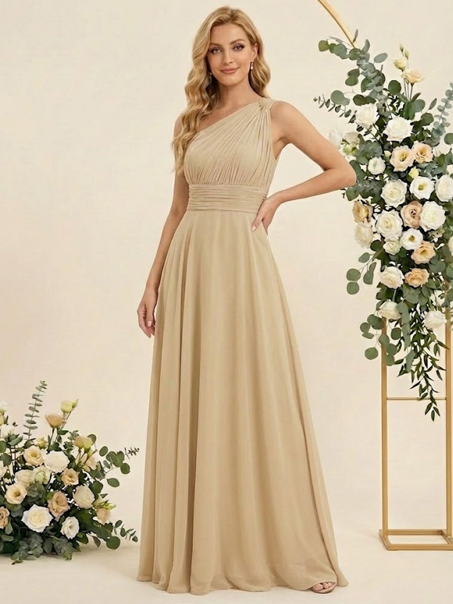 One Shoulder Pleat A Line Chiffon Long Bridesmaid Dresses for Women