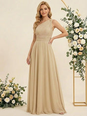 One Shoulder Pleat A Line Chiffon Long Bridesmaid Dresses for Women