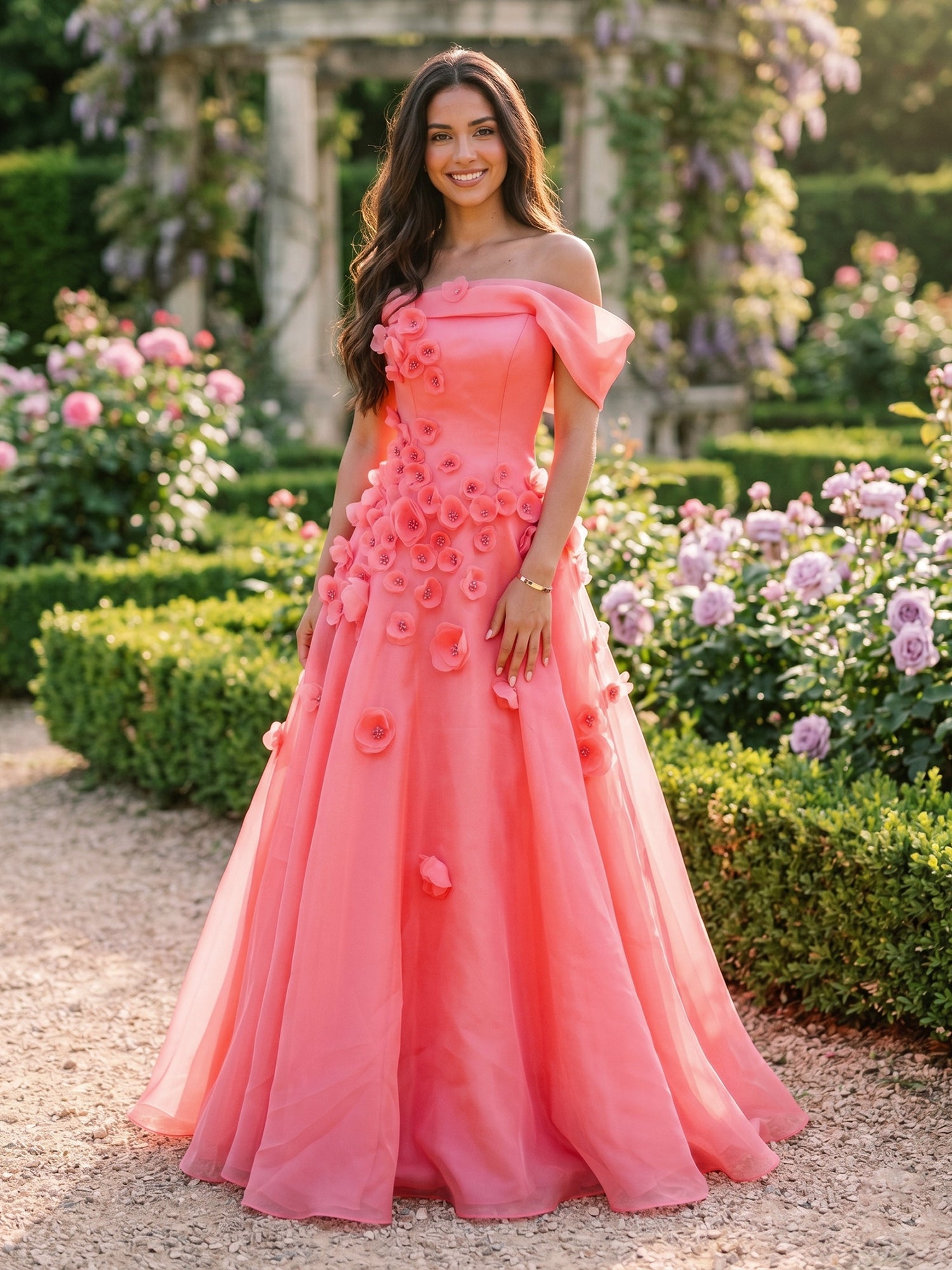 Coral Pink Off-The-Shoulder 3D Floral A-Line Evening Formal Gown