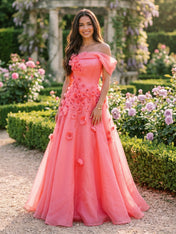 Coral Pink Off-The-Shoulder 3D Floral A-Line Evening Formal Gown