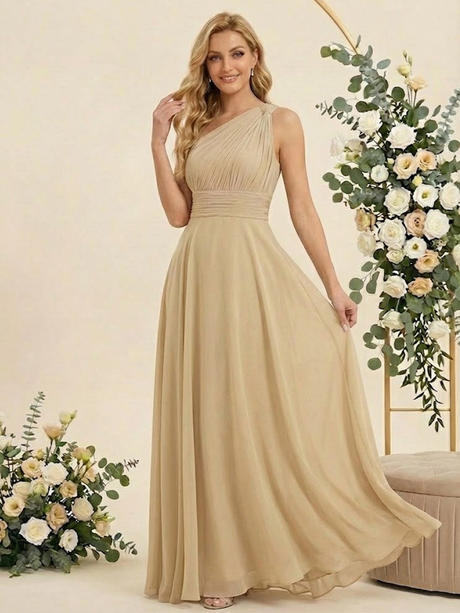 One Shoulder Pleat A Line Chiffon Long Bridesmaid Dresses for Women