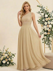 One Shoulder Pleat A Line Chiffon Long Bridesmaid Dresses for Women