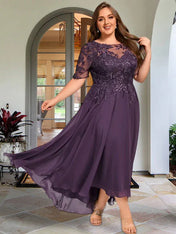 A-line Scoop Illusion Asymmetrical Chiffon Lace Mother of the Bride Dress With Sequins