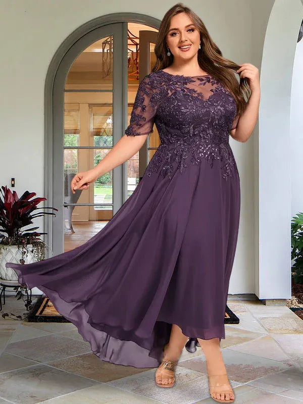 Robe de mère de la mariée asymétrique en mousseline de soie et dentelle, coupe trapèze, décolleté en V, illusion, avec paillettes 