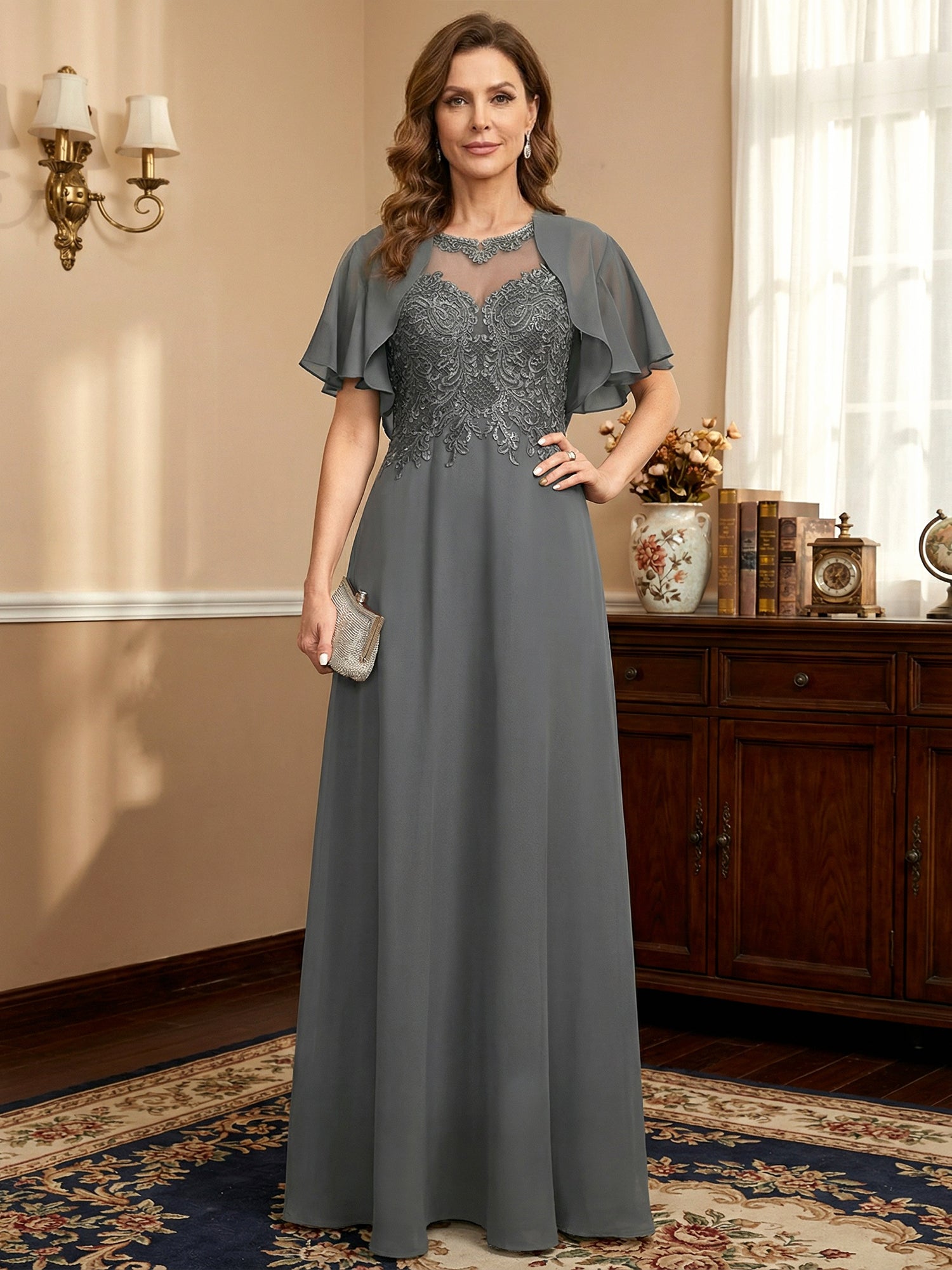 A-line Scoop Illusion Floor-Length Lace Chiffon Mother of the Bride Dress With Sequins