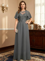 A-line Scoop Illusion Floor-Length Lace Chiffon Mother of the Bride Dress With Sequins