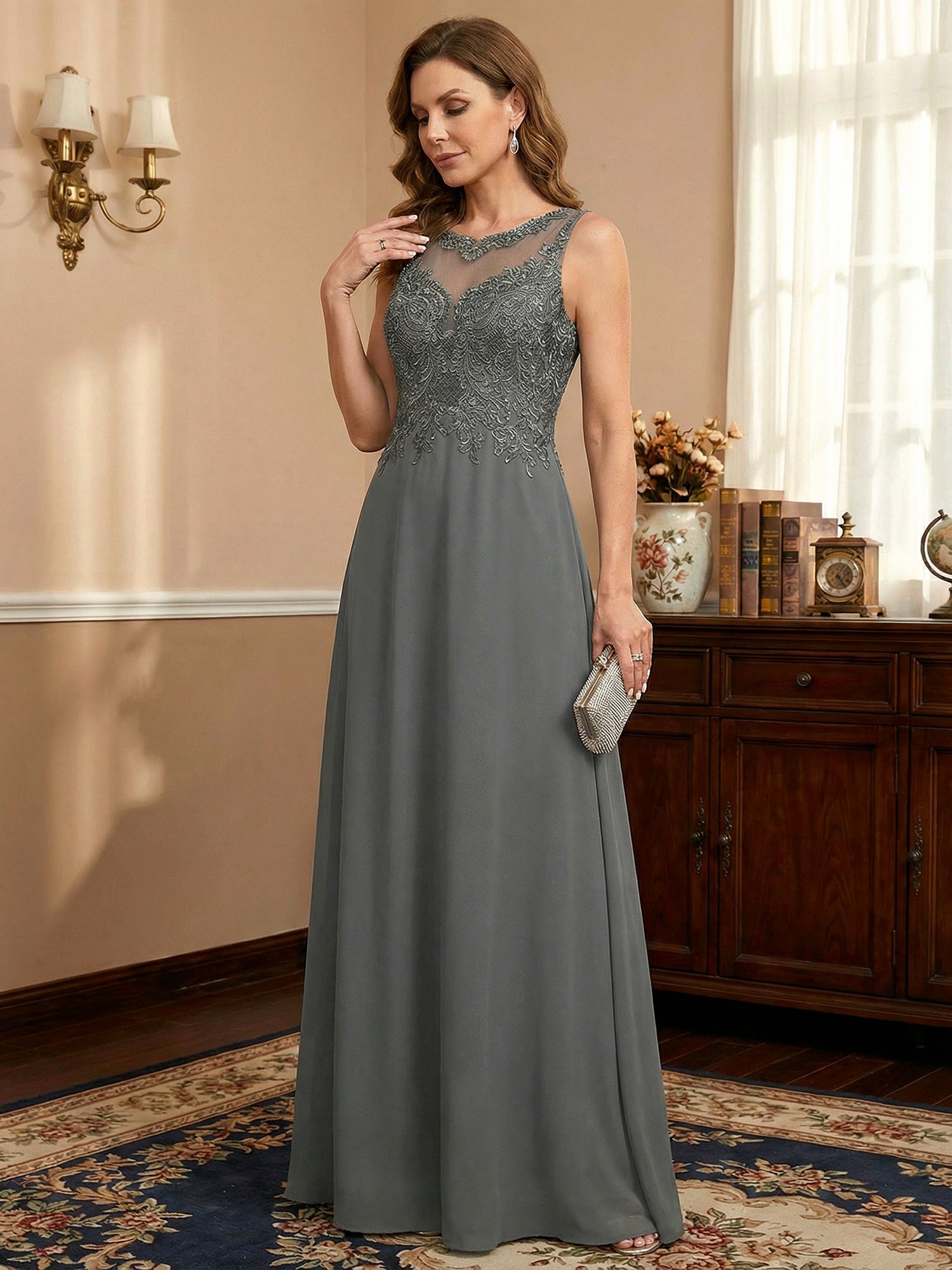 A-line Scoop Illusion Floor-Length Lace Chiffon Mother of the Bride Dress With Sequins