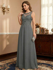 A-line Scoop Illusion Floor-Length Lace Chiffon Mother of the Bride Dress With Sequins