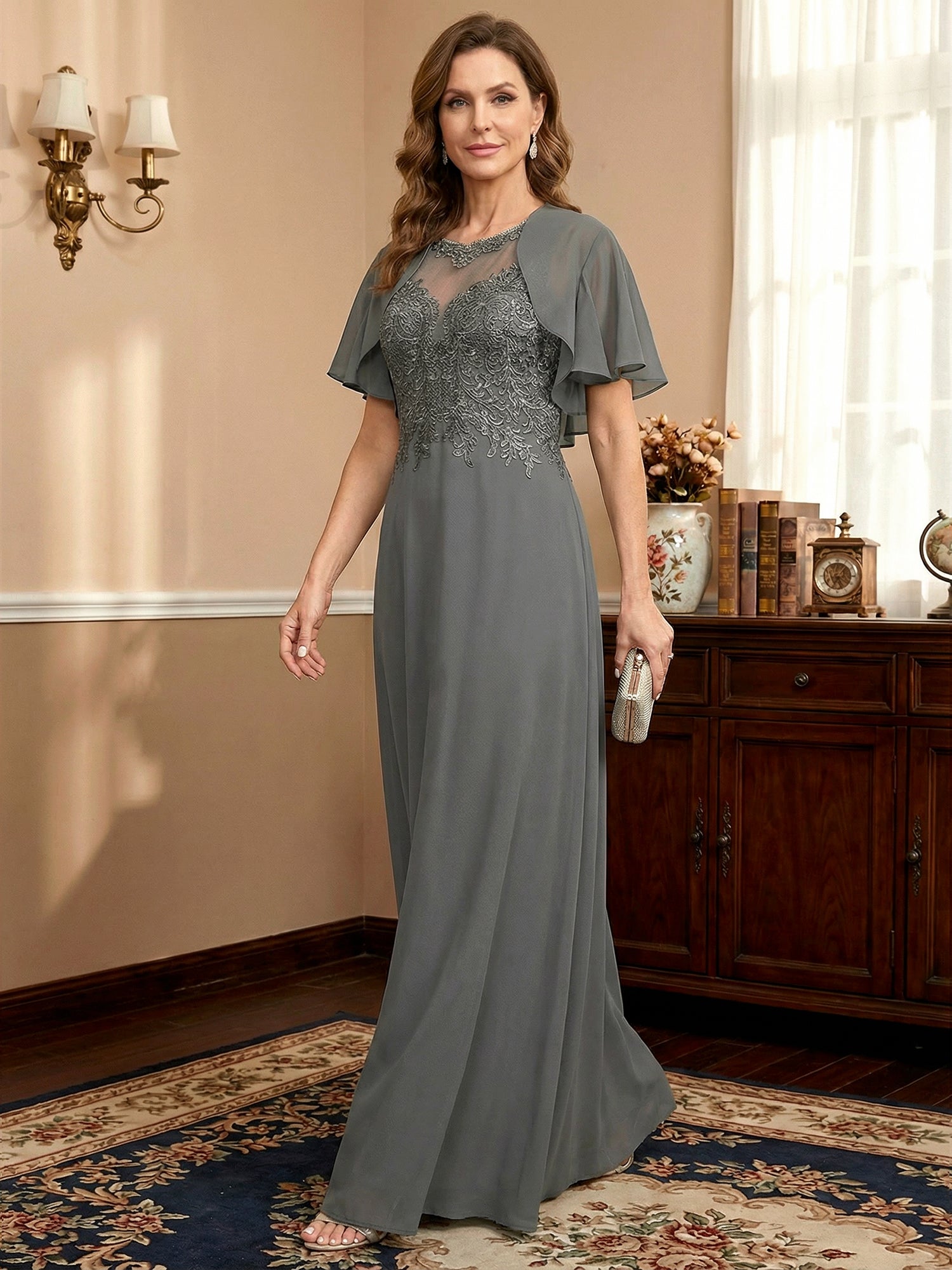 A-line Scoop Illusion Floor-Length Lace Chiffon Mother of the Bride Dress With Sequins