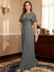 A-line Scoop Illusion Floor-Length Lace Chiffon Mother of the Bride Dress With Sequins