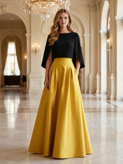 Striking Black and Gold Two-Tone Satin Pocket Evening Gown Dress