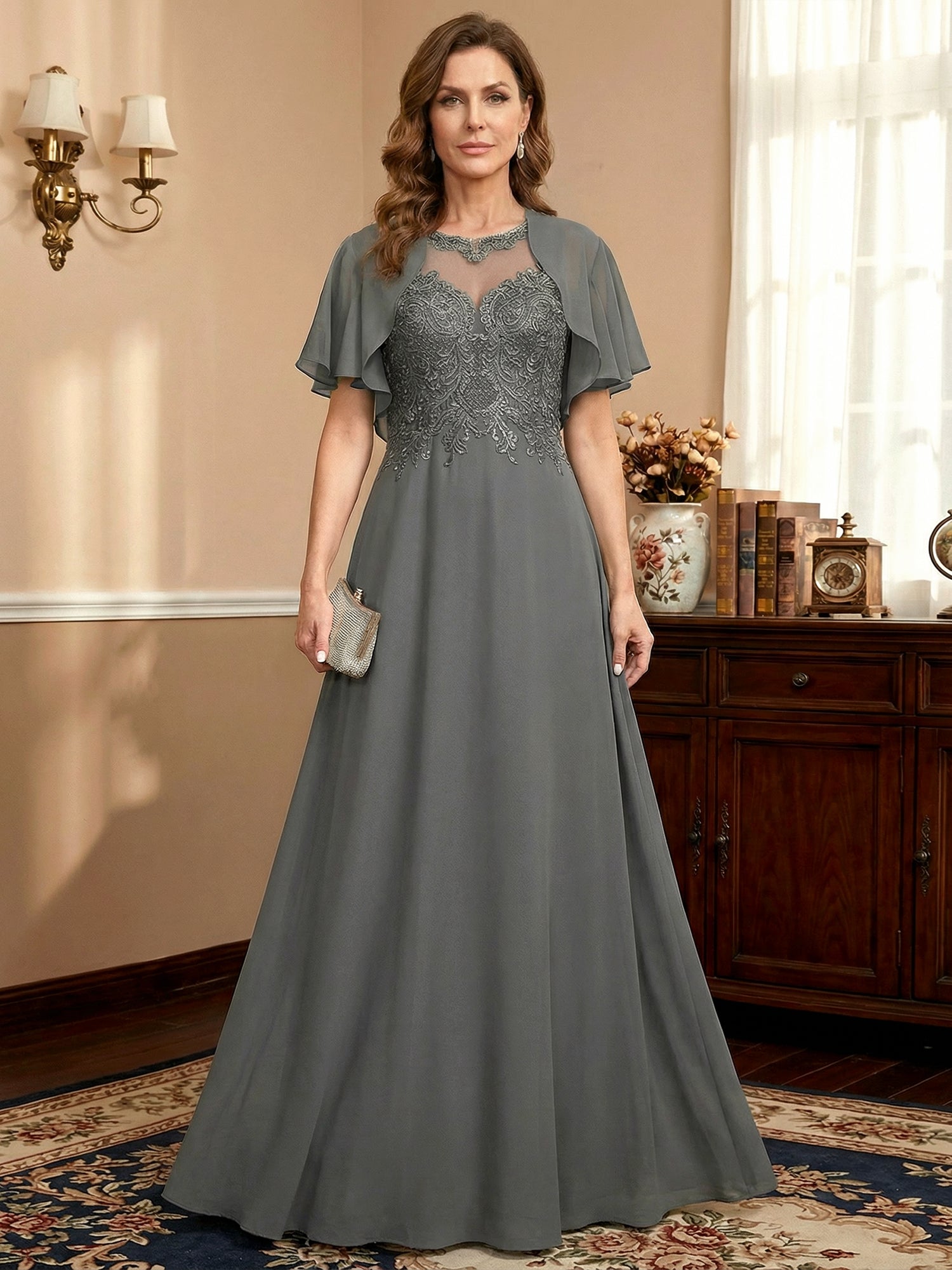 A-line Scoop Illusion Floor-Length Lace Chiffon Mother of the Bride Dress With Sequins