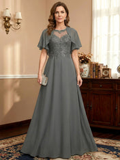 A-line Scoop Illusion Floor-Length Lace Chiffon Mother of the Bride Dress With Sequins