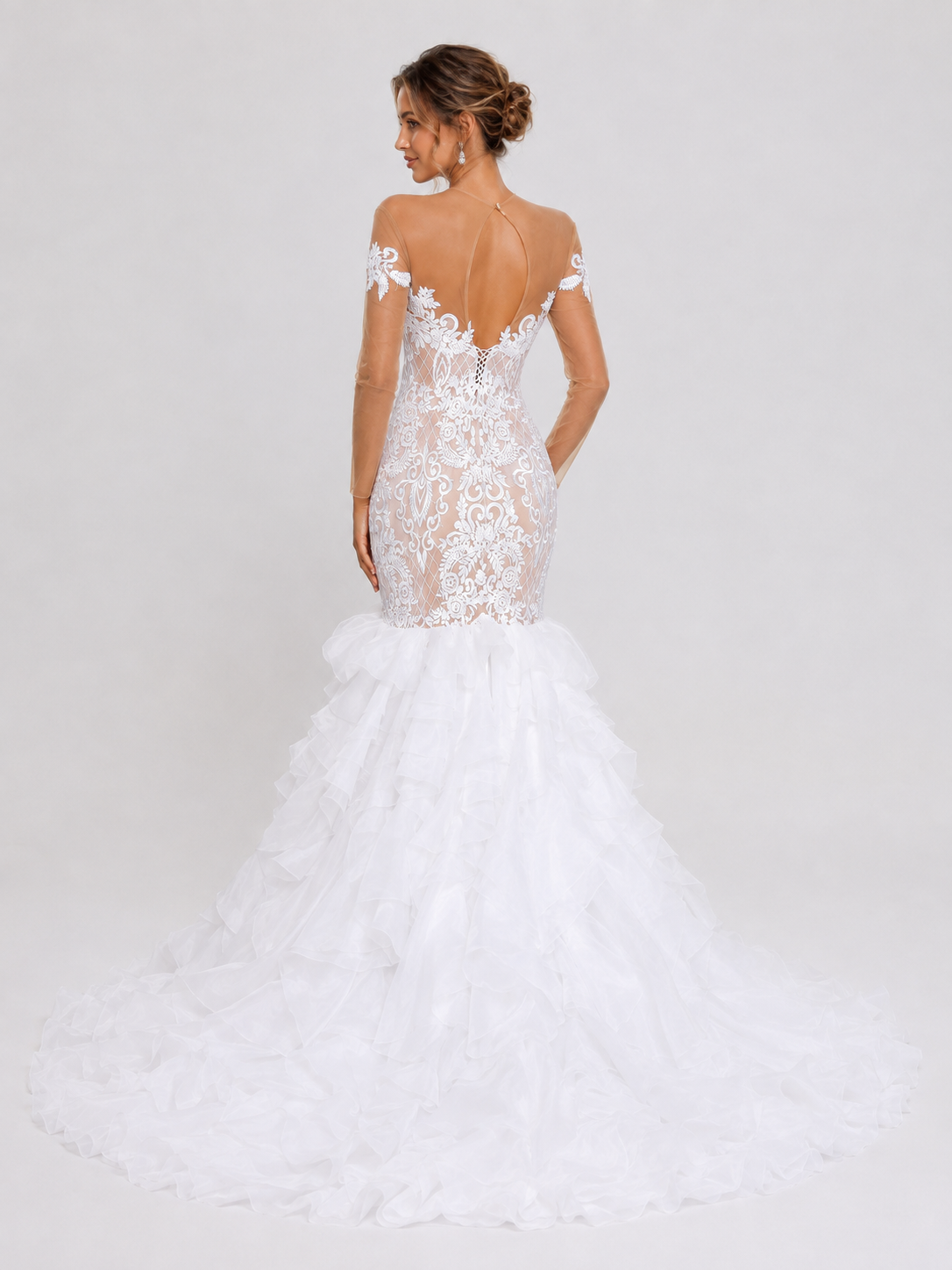 Elegant Illusion Long-Sleeve Lace Applique Mermaid Wedding Dress with Ruffled Tiered Sweep Train