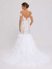 Elegant Illusion Long-Sleeve Lace Applique Mermaid Wedding Dress with Ruffled Tiered Sweep Train