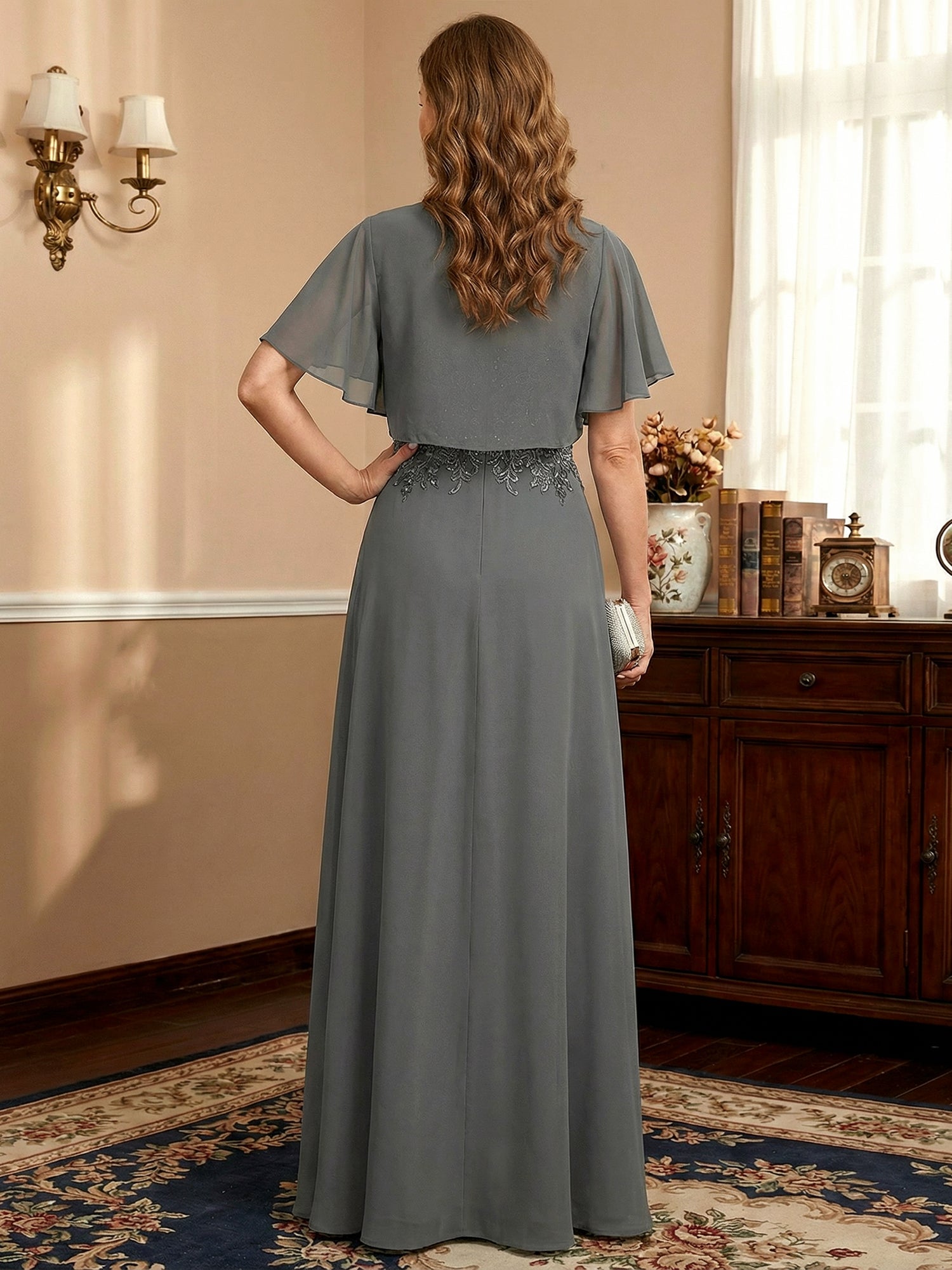 A-line Scoop Illusion Floor-Length Lace Chiffon Mother of the Bride Dress With Sequins