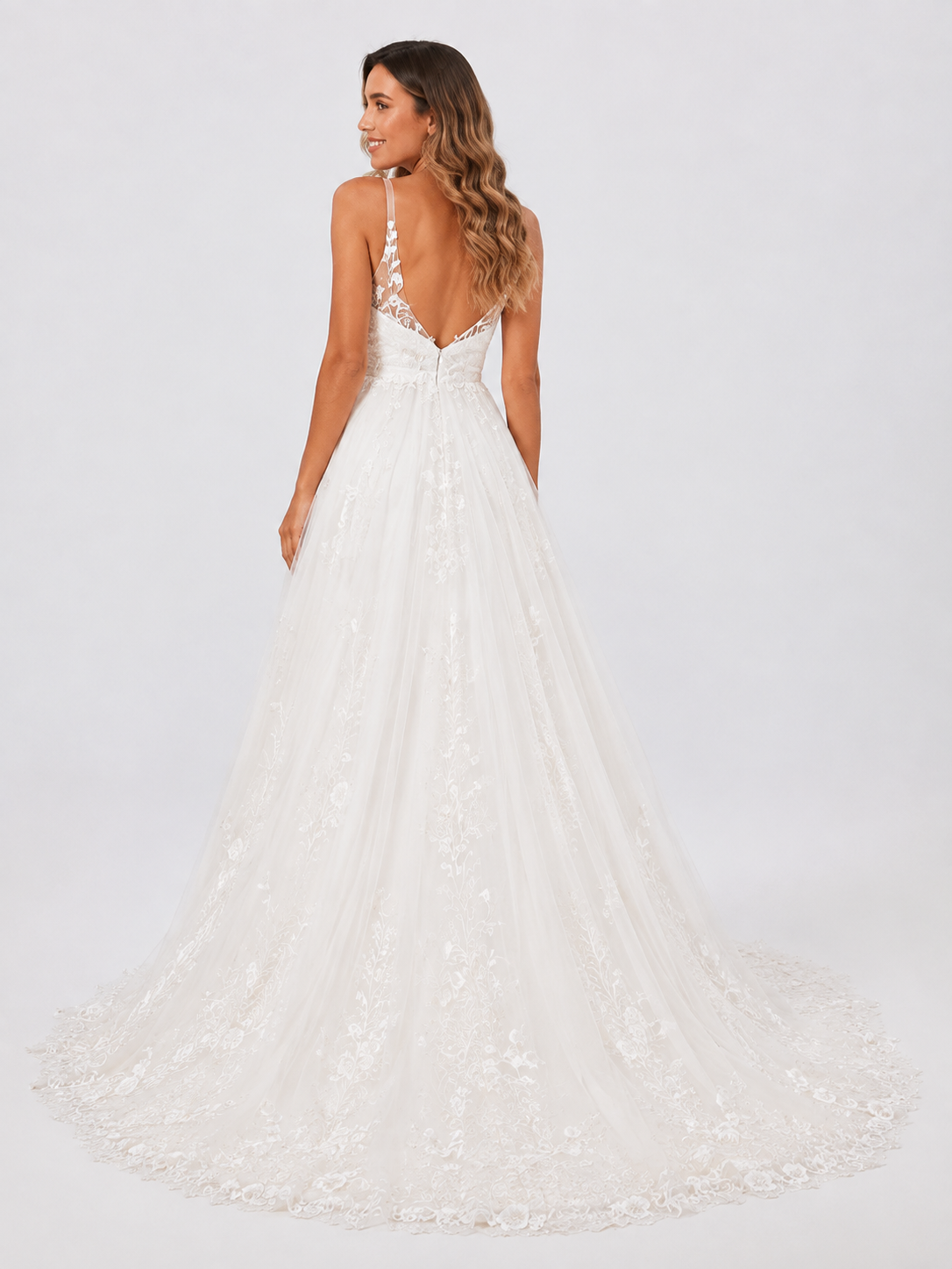Elegant V-Neck Spaghetti Strap Lace Appliquéd Tulle A-Line Wedding Dress with Chapel Train