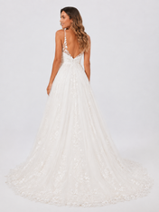 Elegant V-Neck Spaghetti Strap Lace Appliquéd Tulle A-Line Wedding Dress with Chapel Train