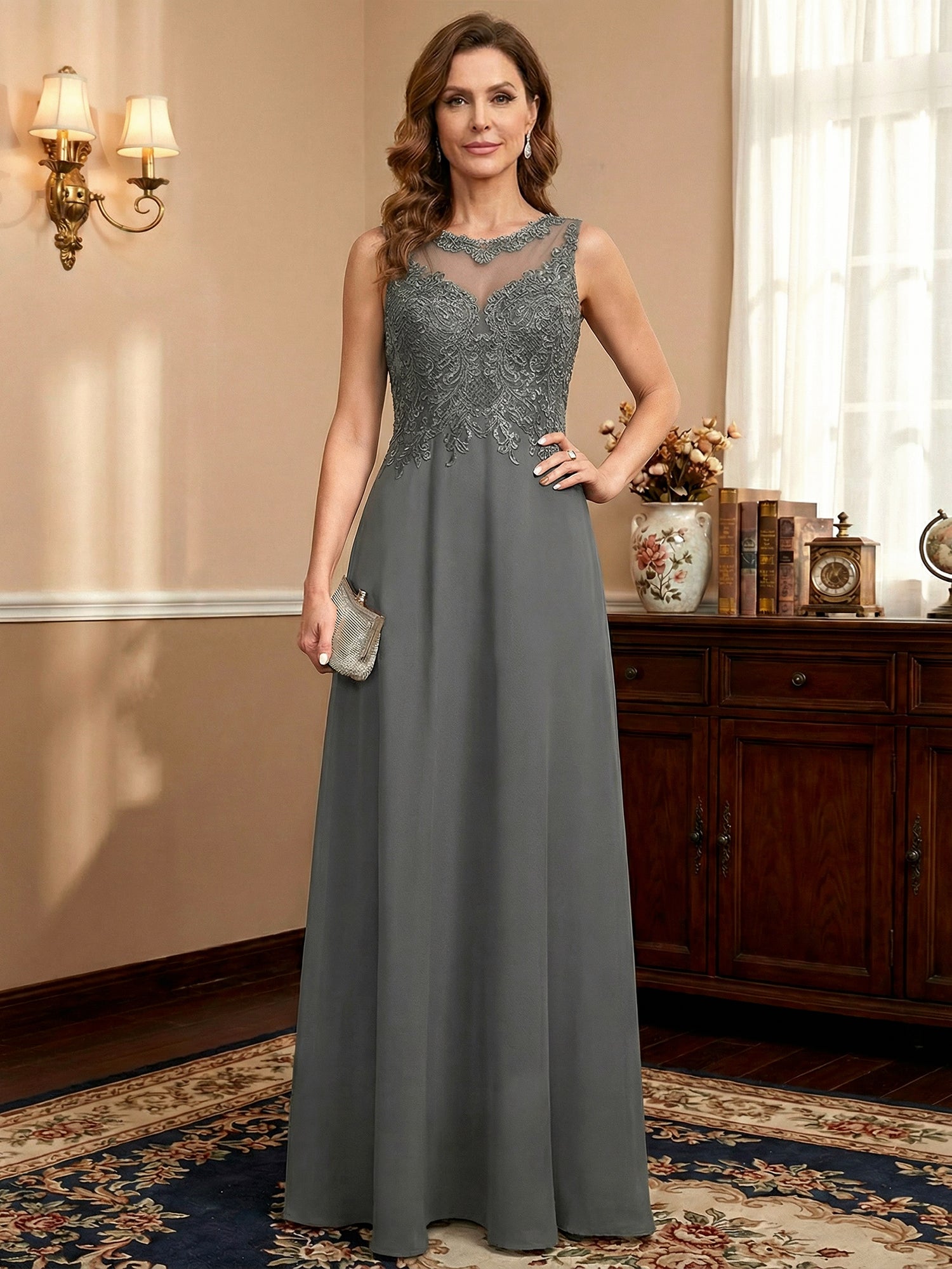 A-line Scoop Illusion Floor-Length Lace Chiffon Mother of the Bride Dress With Sequins