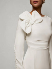 White Bow Long Sleeve Sheath Midi Dress