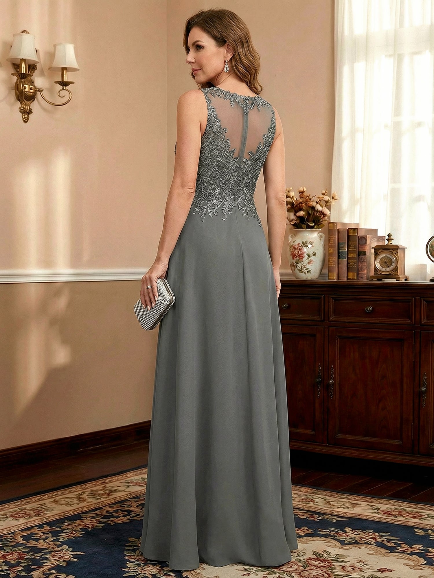 A-line Scoop Illusion Floor-Length Lace Chiffon Mother of the Bride Dress With Sequins