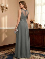 A-line Scoop Illusion Floor-Length Lace Chiffon Mother of the Bride Dress With Sequins