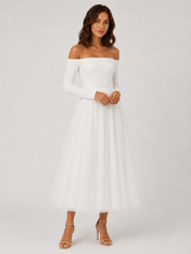 Elegantly Chic Off-the-Shoulder Long-Sleeve Tulle A-Line Midi Wedding Dress