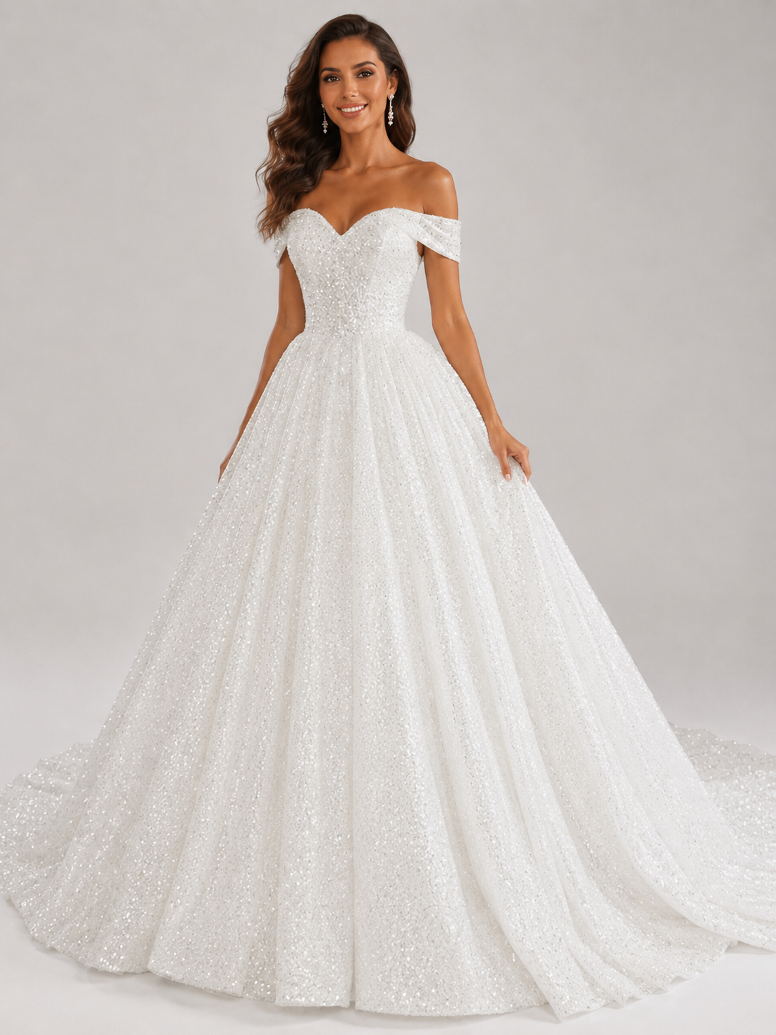Elegant Off-the-Shoulder Sparkling Glitter Tulle A-Line Wedding Dress with Corset Back and Chapel Train