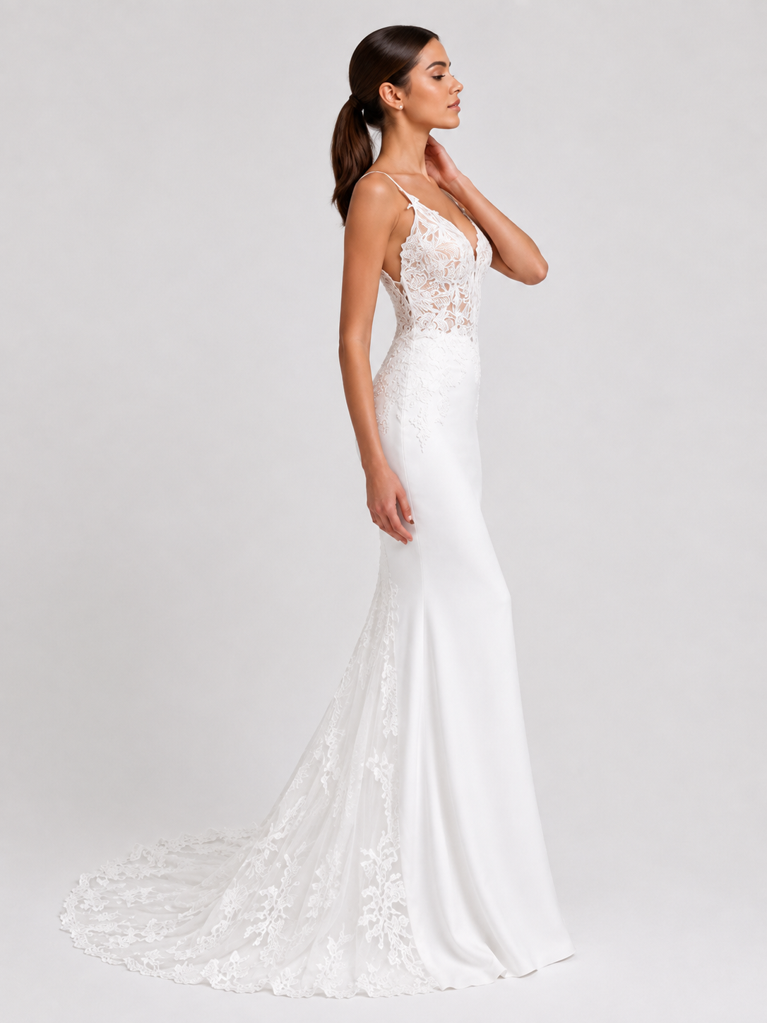Elegant V-Neck Lace Applique Satin Mermaid Wedding Dress with Sweep Train