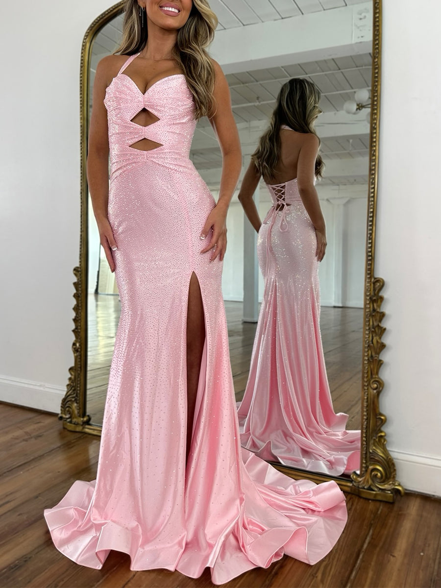 Sparkly Mermaid Keyhole Long Beaded Prom Dress with Slit